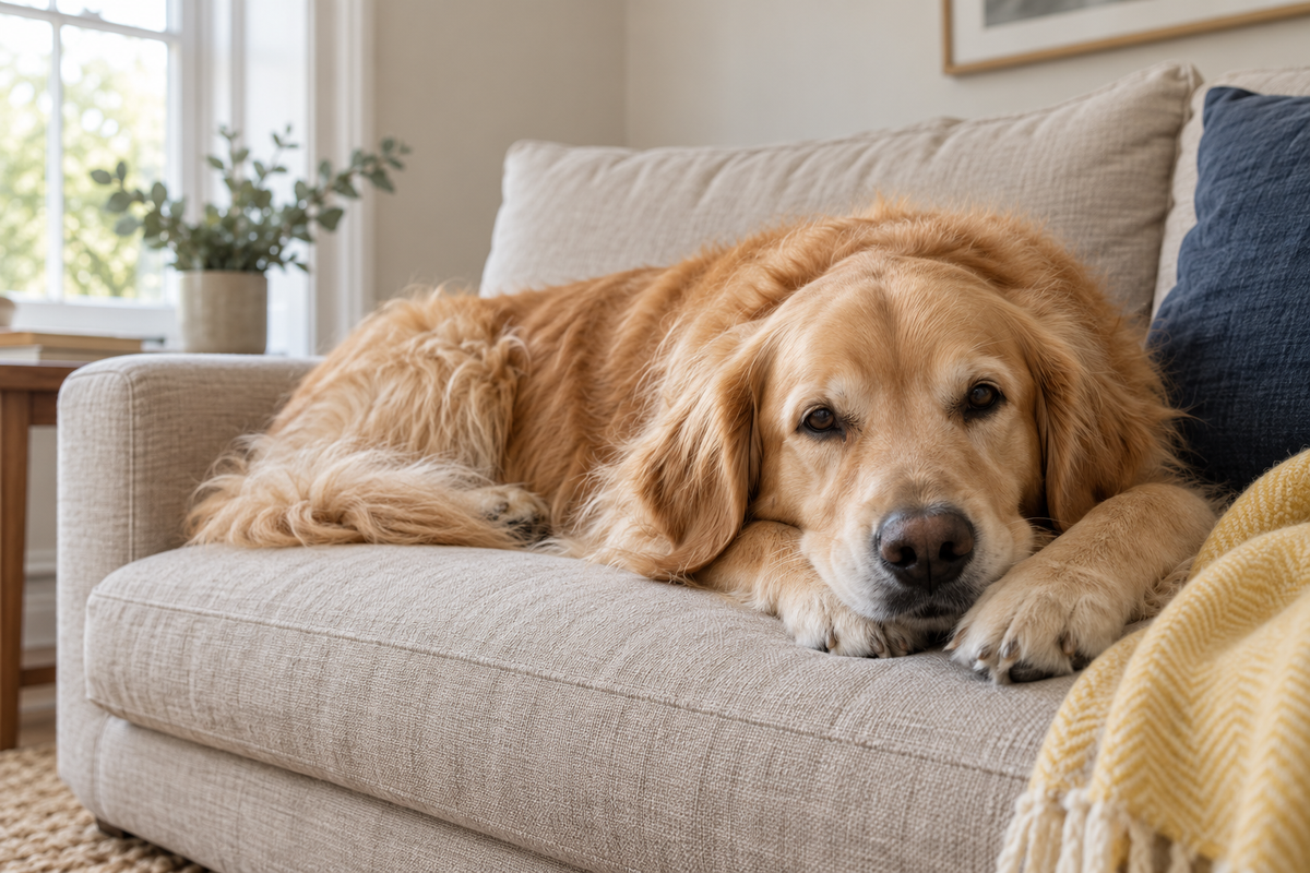 Golden retriever relaxing on an oatmeal sofa beside a navy cushion